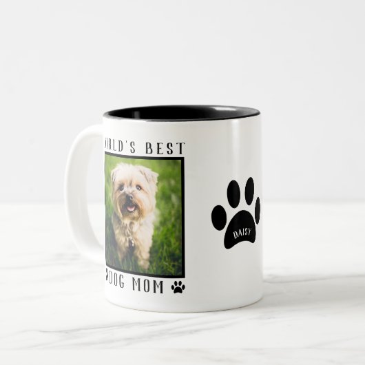 世界の犬最高の母の手が名前のペットの写真をプリント ツートーンマグカップ (正面左)