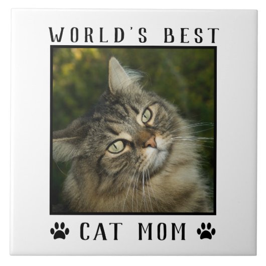 世界の猫最高のの母の手がペットの写真の枠をプリント タイル (正面)