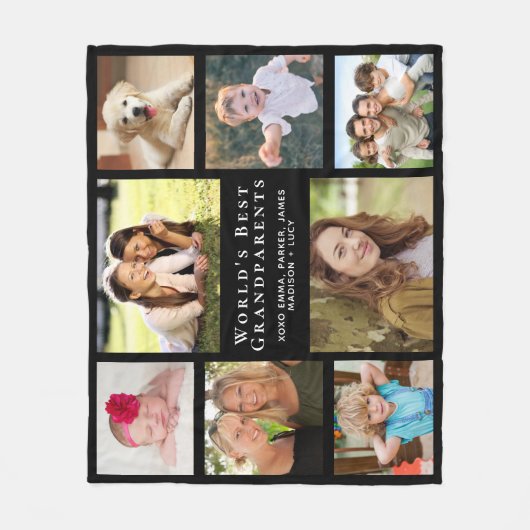 世界の祖父母最高の写真コラージュ黒 フリースブランケット (正面)