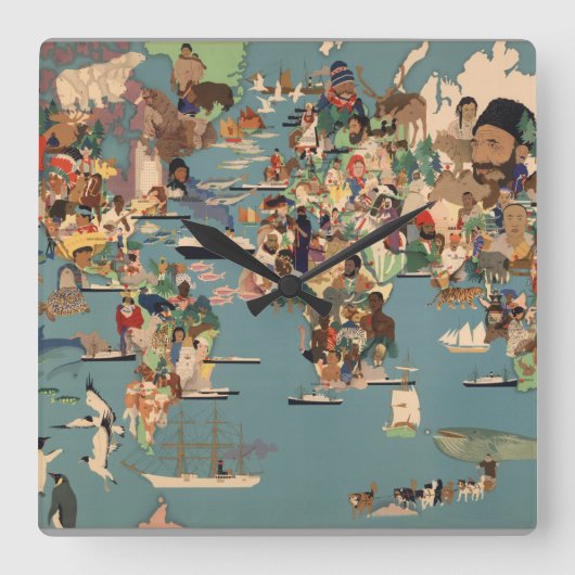 世界の絵解き地図 スクエア壁時計 (正面)