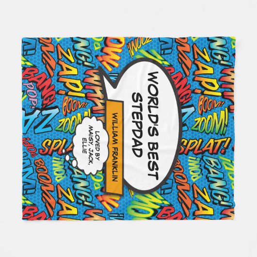 世界の継父、継父、最高のおもしろい漫画ブルー フリースブランケット (正面(横))