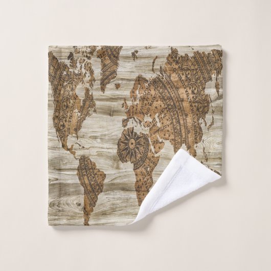 世界の茶色の地図プリント ウォッシュタオル (ウォッシュタオル)