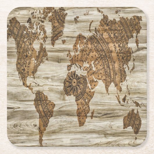 世界の茶色の地図プリント スクエアペーパーコースター (正面)