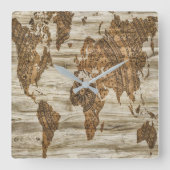 世界の茶色の地図プリント スクエア壁時計 (正面)