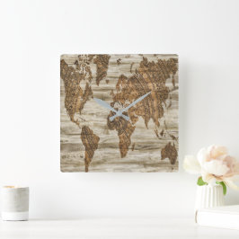 世界の茶色の地図プリント スクエア壁時計