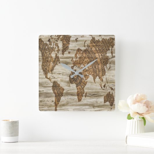 世界の茶色の地図プリント スクエア壁時計 (ホーム)