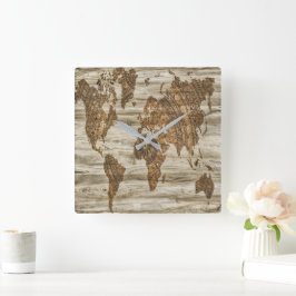 世界の茶色の地図プリント スクエア壁時計