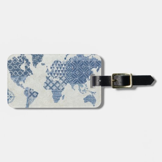 世界の藍色のろうけつ染めの地図 ラゲッジタグ (正面横)