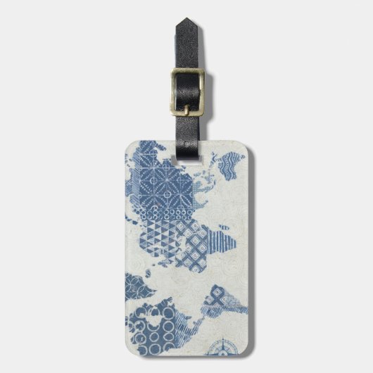 世界の藍色のろうけつ染めの地図 ラゲッジタグ (正面縦)