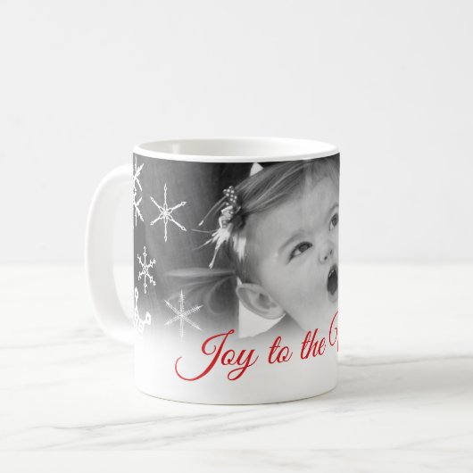 世界の赤いタイポグラフィの雪片の写真への喜び コーヒーマグカップ (正面左)