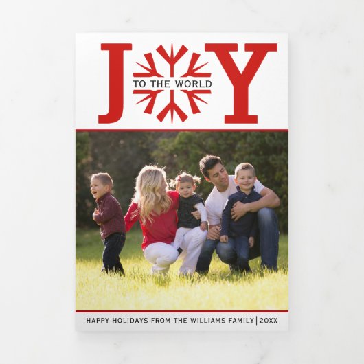 世界の赤い雪の結晶クリスマスに喜び 三つ折りクリスマスカード (カバー)