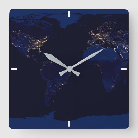 世界の都市光を示す地球の平面地図 スクエア壁時計 (正面)
