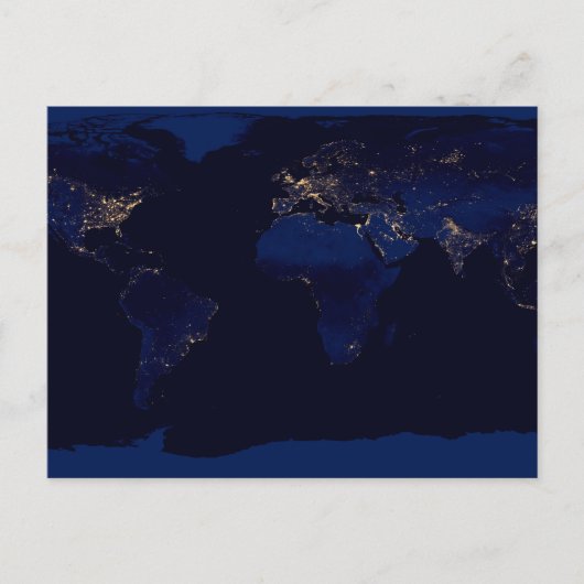 世界の都市光を示す地球の平面地図 ポストカード (正面)