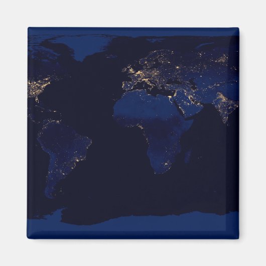 世界の都市光を示す地球の平面地図 マグネット (正面)