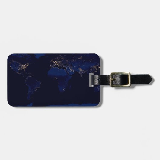 世界の都市光を示す地球の平面地図 ラゲッジタグ (正面横)