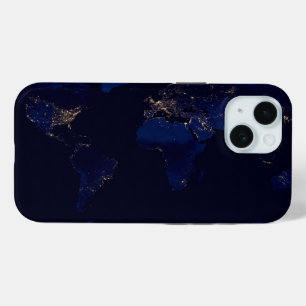 世界の都市光を示す地球の平面地図 iPhone 15ケース