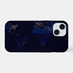 世界の都市光を示す地球の平面地図 iPhone 15ケース