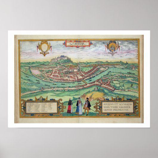 『世界の都市』(Civitates Orbis Terrarum)よりザルツブルクの地図 b ポスター (正面)