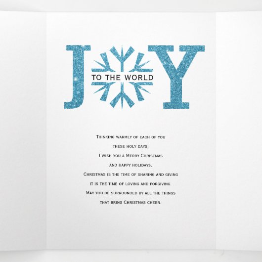 世界の青いグリッターのスノーフレークのクリスマスに喜び 三つ折りクリスマスカード (内部中)