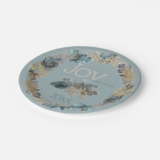 世界の青い熱帯性のクリスマスリーフに喜び ペーパープレート (アングル)