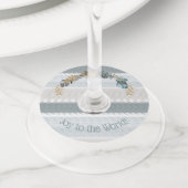 世界の青い葉のモダンクリスマスに喜び ワイングラスタグ (クローズアップ)