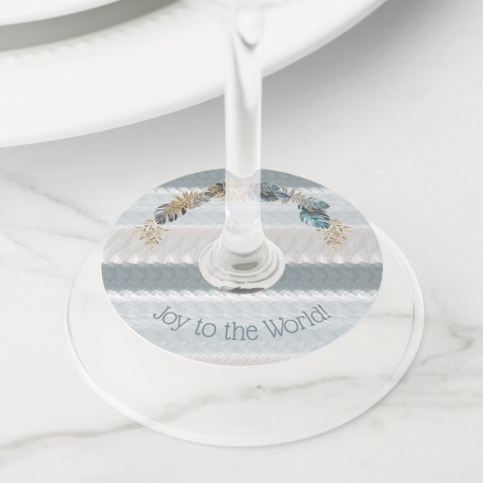 世界の青い葉のモダンクリスマスに喜び ワイングラスタグ (クローズアップ)