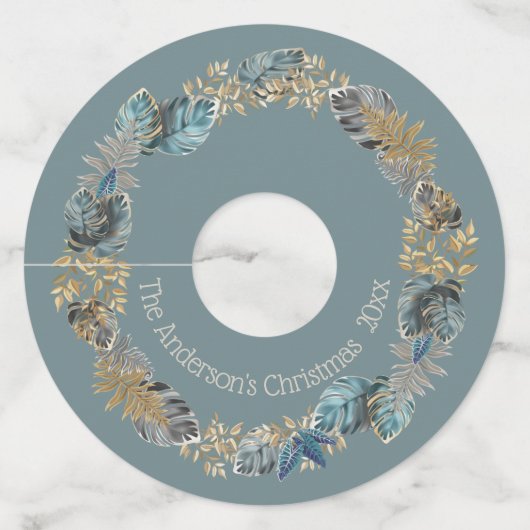 世界の青い葉のモダンクリスマスに喜び ワイングラスタグ (裏面)