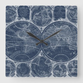世界の青写真 スクエア壁時計 (正面)