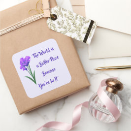 「世界はもっといい場所」紫色の花 スクエアシール