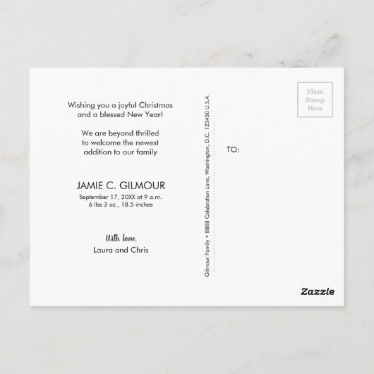 世界へのブルージョイ男の赤ちゃん誕生1stクリスマス ポストカード (裏面)