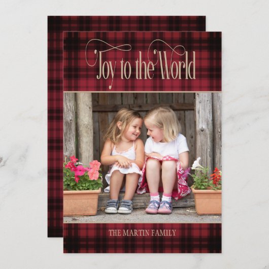 世界への喜びクリスマスレッドブラックバッファロープレイド シーズンカード (正面/裏面)