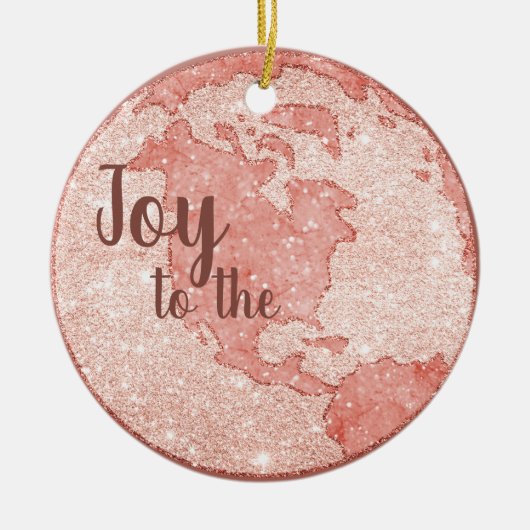 世界への喜びバラ金ゴールドグリッターピンククリスマス セラミックオーナメント (正面)