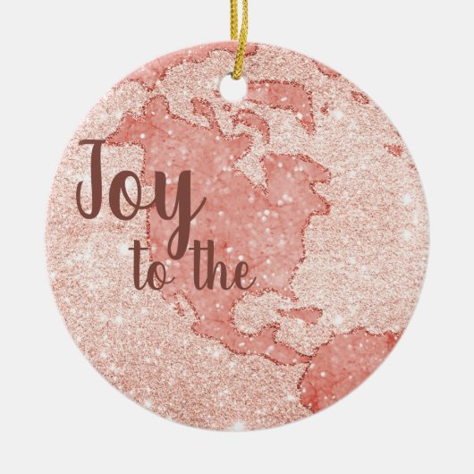 世界への喜びバラ金ゴールドグリッターピンククリスマス セラミックオーナメント (正面)