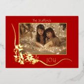 世界への喜びレッドポインセチアのクリスマスカード 箔招待状 (正面)