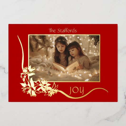 世界への喜びレッドポインセチアのクリスマスカード 箔招待状 (正面)