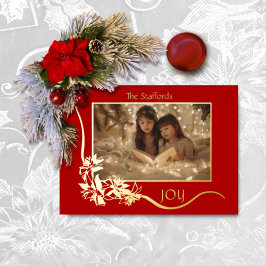 世界への喜びレッドポインセチアのクリスマスカード 箔招待状
