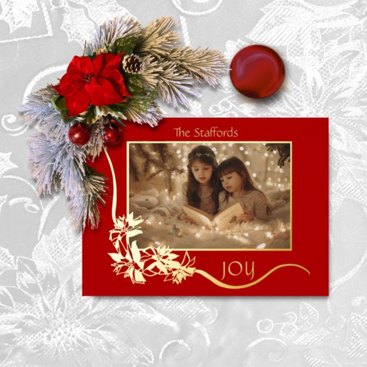 世界への喜びレッドポインセチアのクリスマスカード 箔招待状