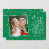 世界への喜び手書きグリーンフォトクリスマス シーズンカード (正面/裏面)