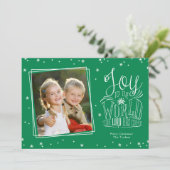 世界への喜び手書きグリーンフォトクリスマス シーズンカード (スタンド正面)