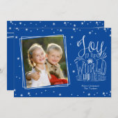 世界への喜び手書きブルーフォトクリスマス シーズンカード (正面/裏面)