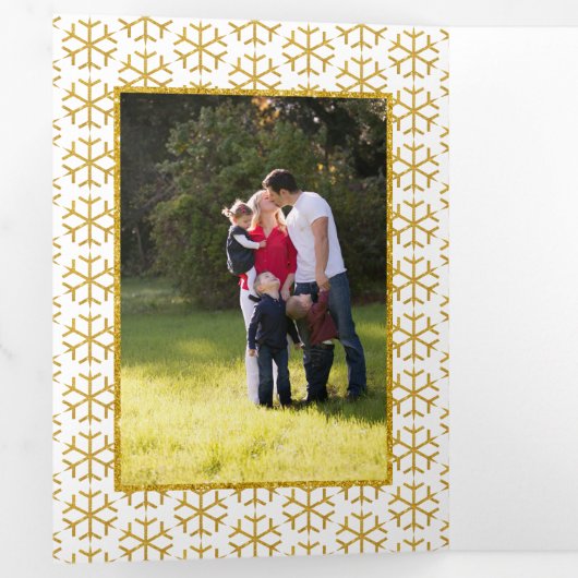 世界への喜び金ゴールドグリッタースノーフレーククリスマス 三つ折りクリスマスカード (内部最初)