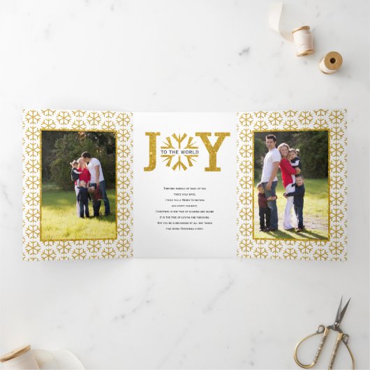 世界への喜び金ゴールドグリッタースノーフレーククリスマス 三つ折りクリスマスカード (内部)