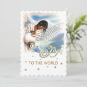 世界への喜び。アフリカ系アメリカ人エンジェルクリスマス シーズンカード (スタンド正面)