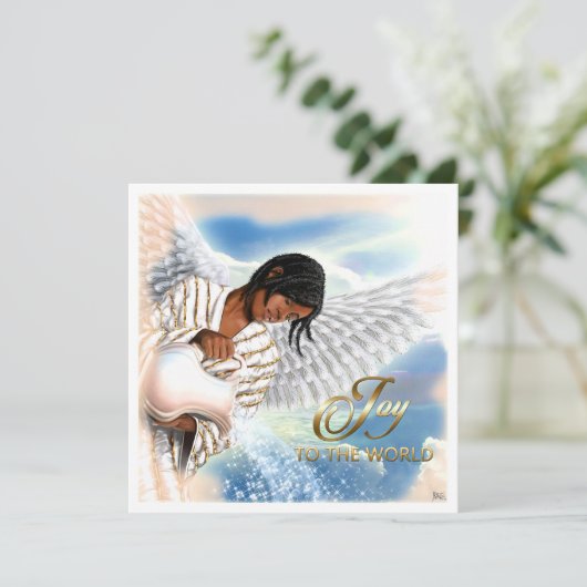 世界への喜び。アフリカ系アメリカ人エンジェルクリスマス シーズンカード (スタンド正面)