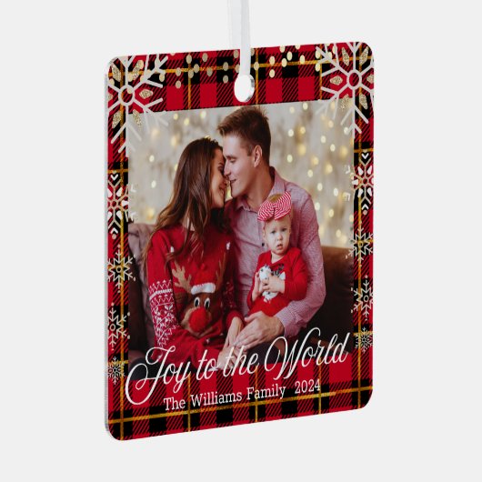 世界への喜び、金ゴールドの雪片の赤い家族の写真 メタルオーナメント (正面右)