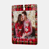 世界への喜び、金ゴールドの雪片の赤い家族の写真 メタルオーナメント (正面左)