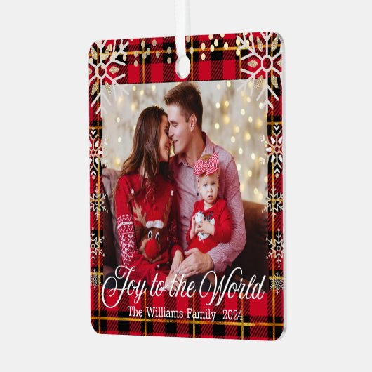 世界への喜び、金ゴールドの雪片の赤い家族の写真 メタルオーナメント (正面左)