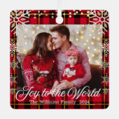 世界への喜び、金ゴールドの雪片の赤い家族の写真 メタルオーナメント (正面)