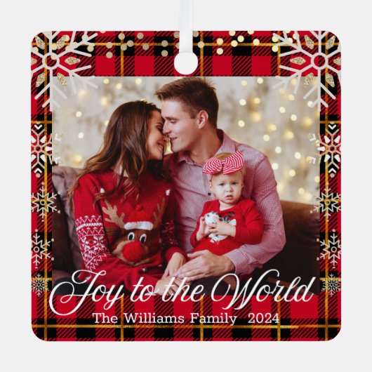 世界への喜び、金ゴールドの雪片の赤い家族の写真 メタルオーナメント (正面)