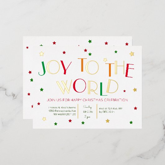 世界への喜び、金ゴールドクリスマスパーティの招待状 箔招待状ポストカード (正面/裏面)